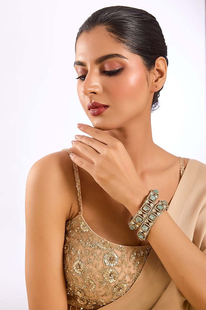 Gold Finish Mint Kundan Polki Bangles by Auraa Trends at Pernia's Pop Up Shop