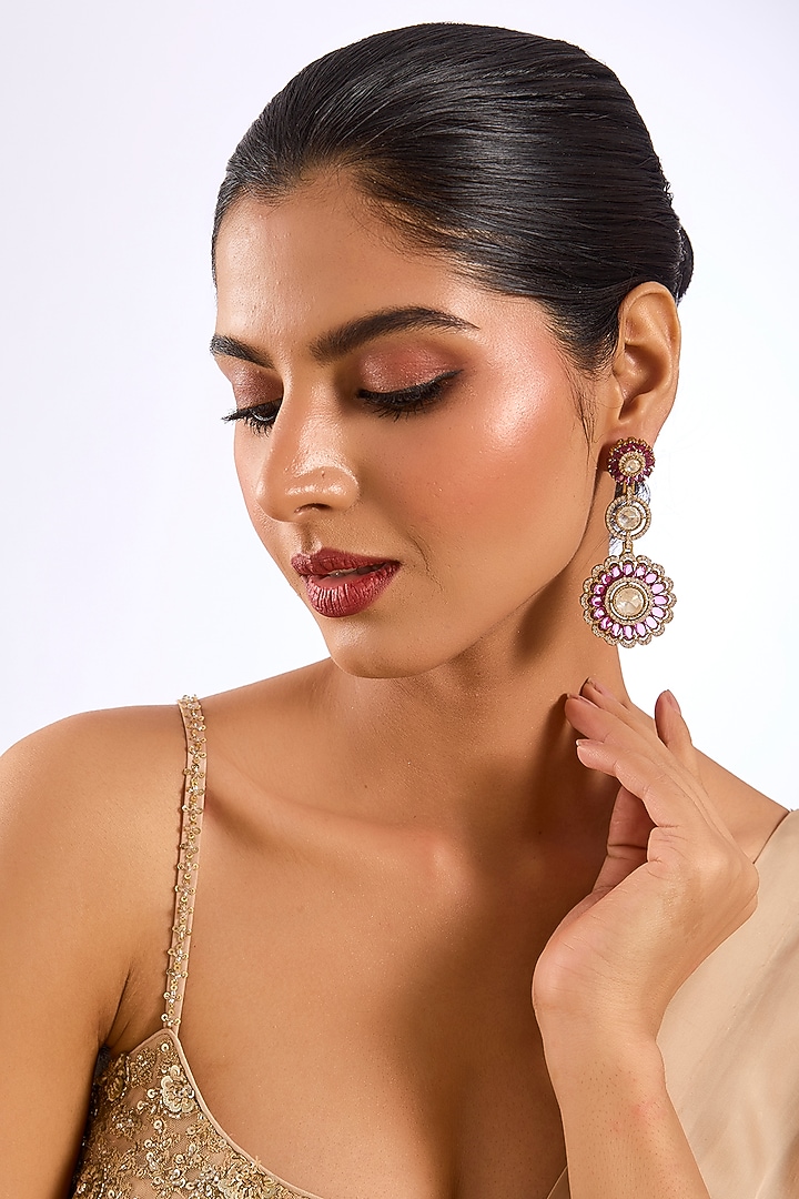 Gold Finish Kundan Polki & Ruby Stone Dangler Earrings by Aura Trends at Pernia's Pop Up Shop