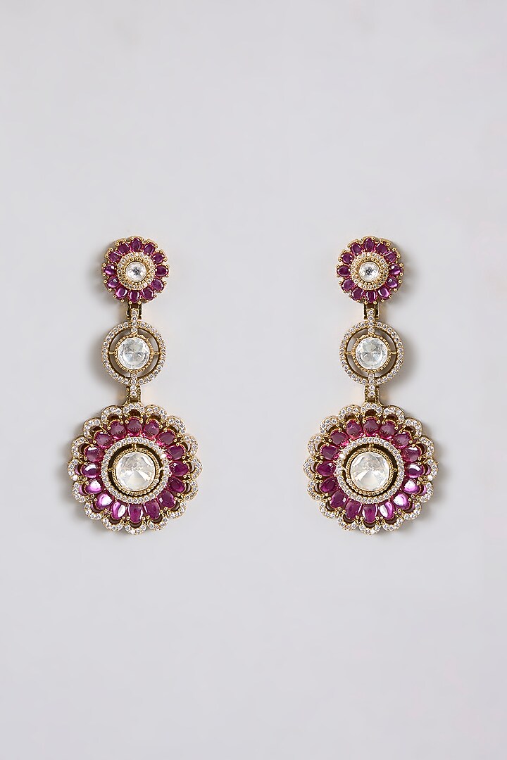 Gold Finish Kundan Polki & Ruby Stone Dangler Earrings by Aura Trends at Pernia's Pop Up Shop