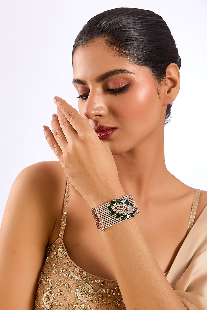 Gold Finish Green & White Stone Cuff Bracelet by Auraa Trends at Pernia's Pop Up Shop