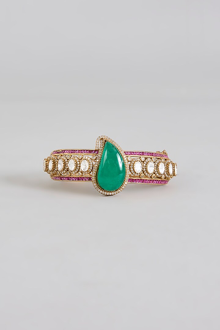 Gold Finish Kundan Polki & Emerald Drop Bracelet by Aura Trends at Pernia's Pop Up Shop