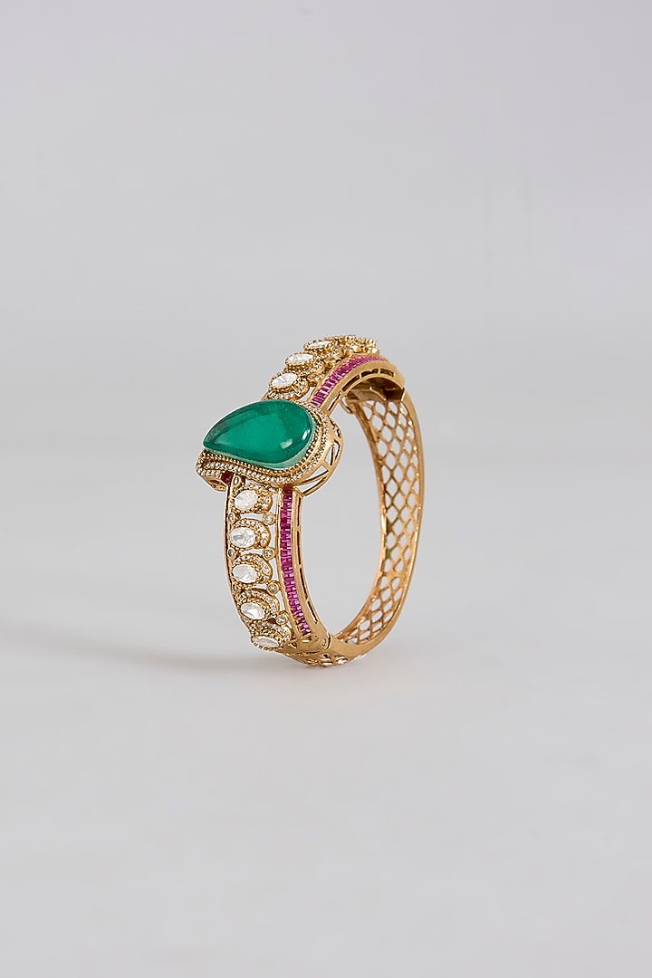 Gold Finish Kundan Polki & Emerald Drop Bracelet by Aura Trends at Pernia's Pop Up Shop