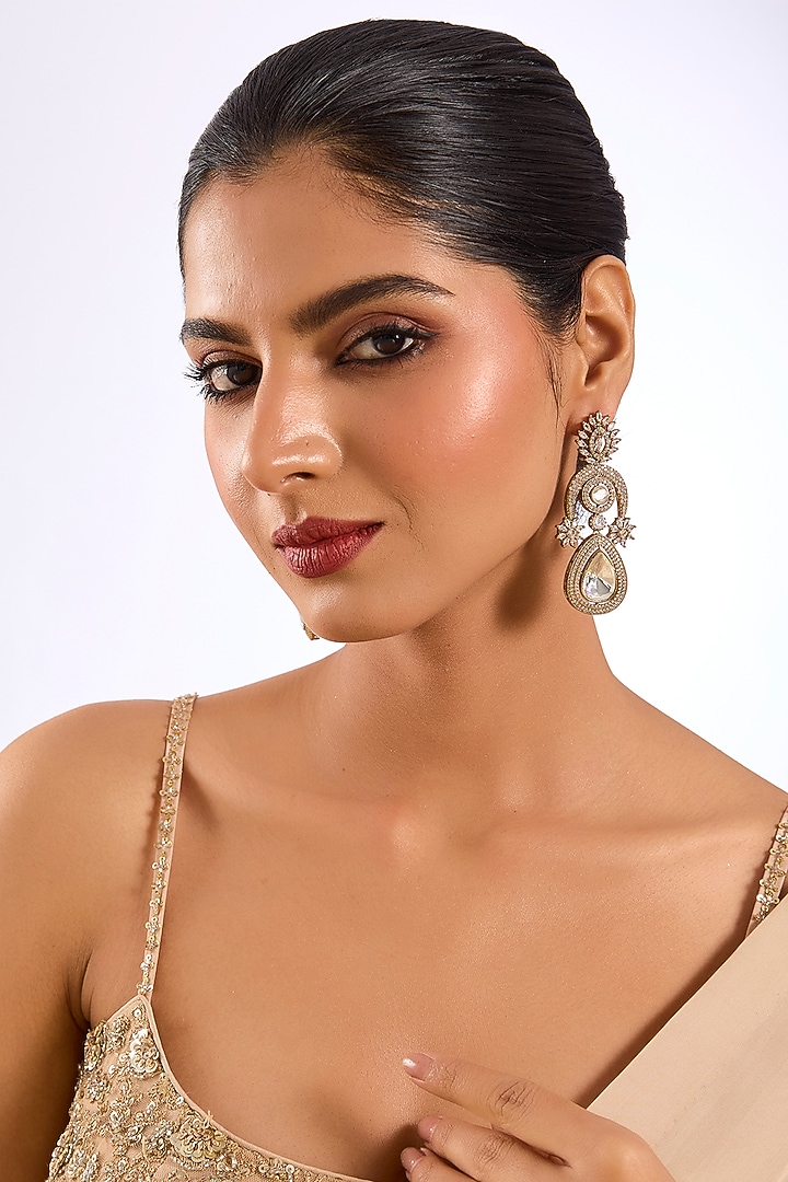 Gold Finish Kundan Polki & Crystal Statement Earrings by Auraa Trends at Pernia's Pop Up Shop