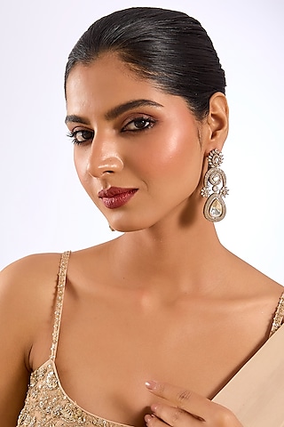 Gold Finish Kundan Polki & Crystal Statement Earrings by Aura Trends