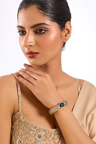 Gold Finish Crystal & Black Stone Cuff Bracelet by Aura Trends