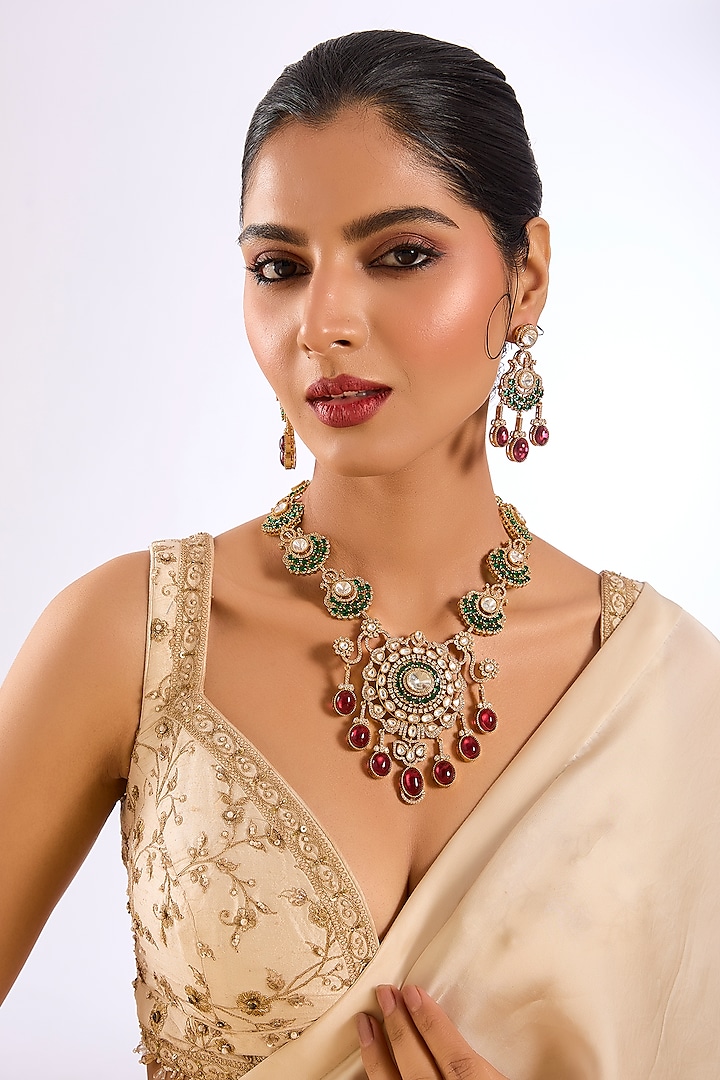 Gold Finish Kundan Polki & Ruby Red Stone Choker Necklace Set by Auraa Trends at Pernia's Pop Up Shop