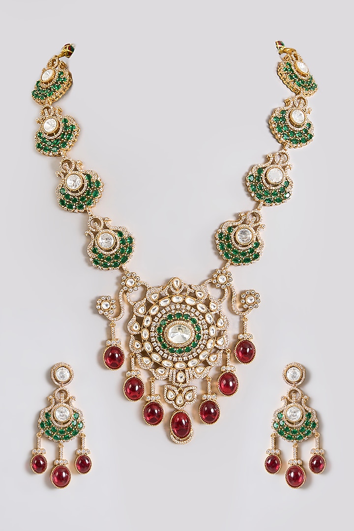 Gold Finish Kundan Polki & Ruby Red Stone Choker Necklace Set by Aura Trends at Pernia's Pop Up Shop