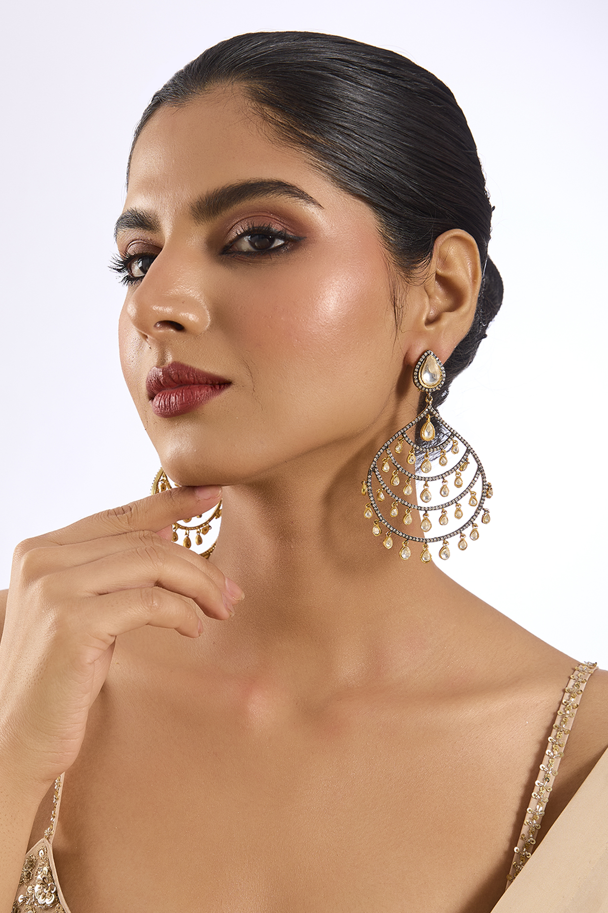 Gold Finish Kundan Polki Chandbali Earrings by Auraa Trends at Pernia's Pop Up Shop