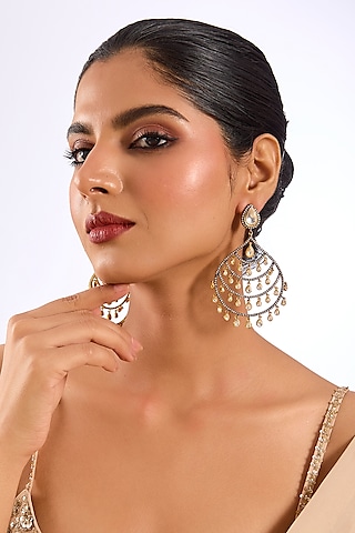 Gold Finish Kundan Polki Chandbali Earrings by Aura Trends
