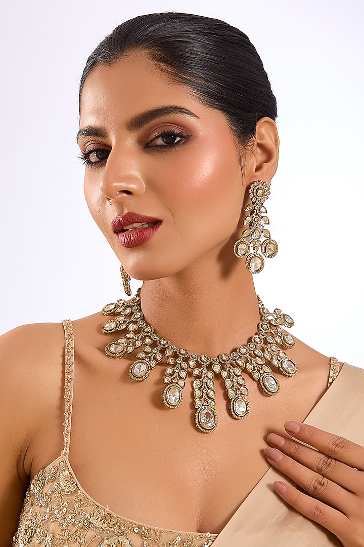 Gold Finish Kundan Polki Choker Necklace Set by Aura Trends at Pernia's Pop Up Shop