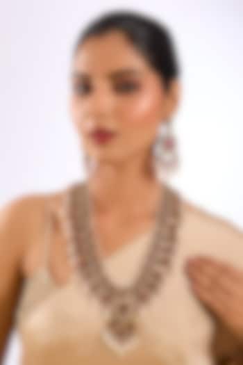 Gold Finish Ruby Red Kundan Polki & Pearl Long Necklace Set by Auraa Trends at Pernia's Pop Up Shop