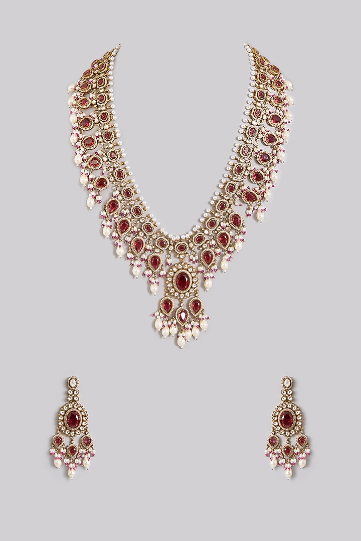 Gold Finish Ruby Red Kundan Polki & Pearl Long Necklace Set by Aura Trends at Pernia's Pop Up Shop
