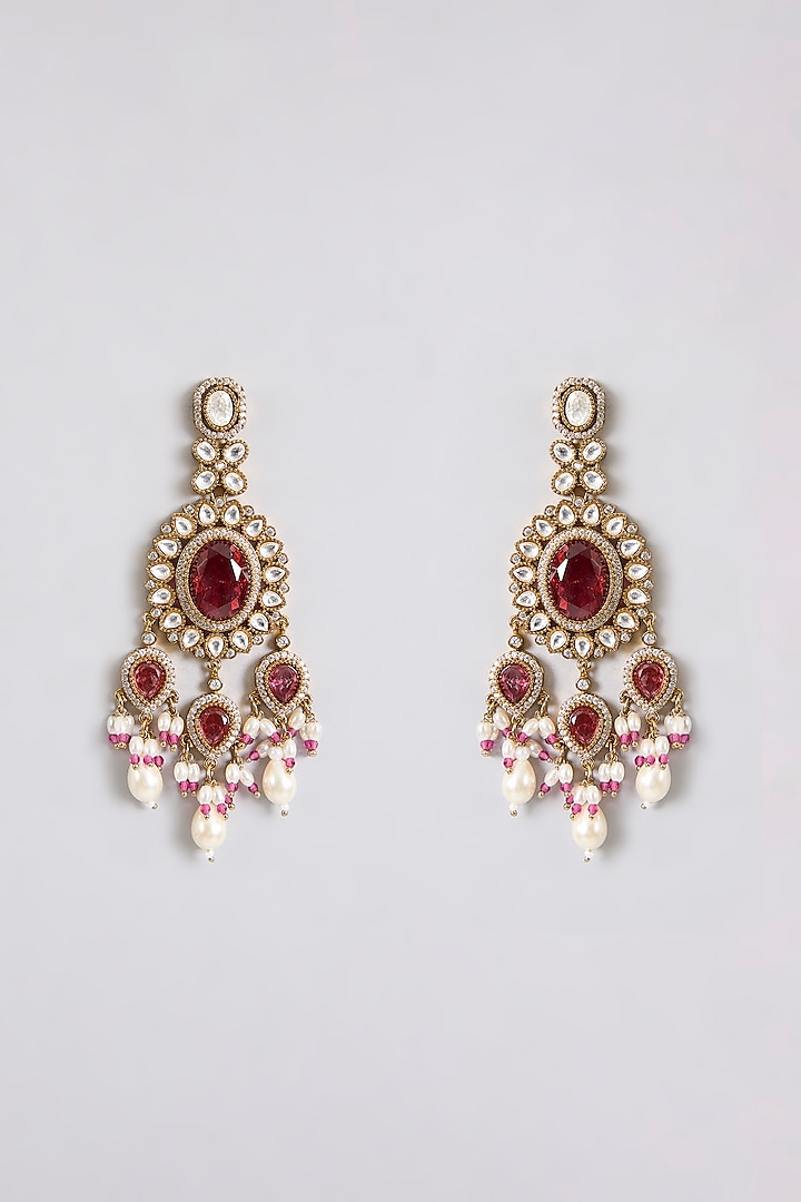 Gold Finish Ruby Red Kundan Polki & Pearl Long Necklace Set by Aura Trends at Pernia's Pop Up Shop