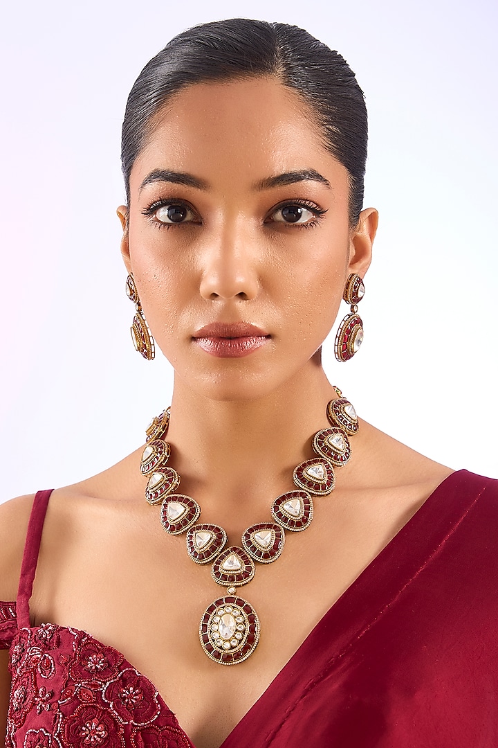 Gold Finish Kundan Polki Maroon Enameled Necklace Set by Auraa Trends at Pernia's Pop Up Shop