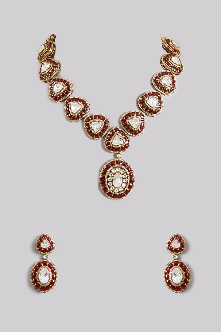 Gold Finish Kundan Polki Maroon Enameled Necklace Set by Aura Trends at Pernia's Pop Up Shop