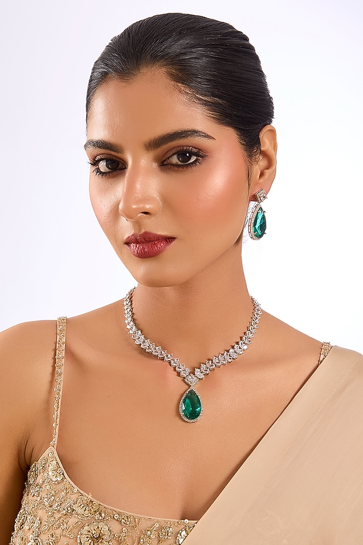 White Finish Diamond & Emerald Green Drop Necklace Set by Aura Trends at Pernia's Pop Up Shop
