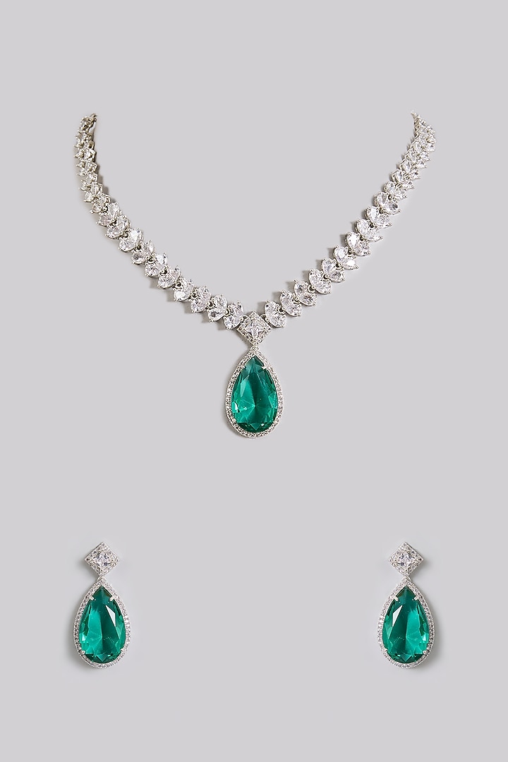 White Finish Diamond & Emerald Green Drop Necklace Set by Aura Trends at Pernia's Pop Up Shop