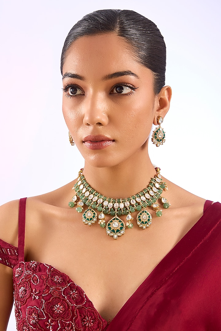Gold Finish Kundan Polki & Green Gemstone Choker Necklace Set by Aura Trends at Pernia's Pop Up Shop