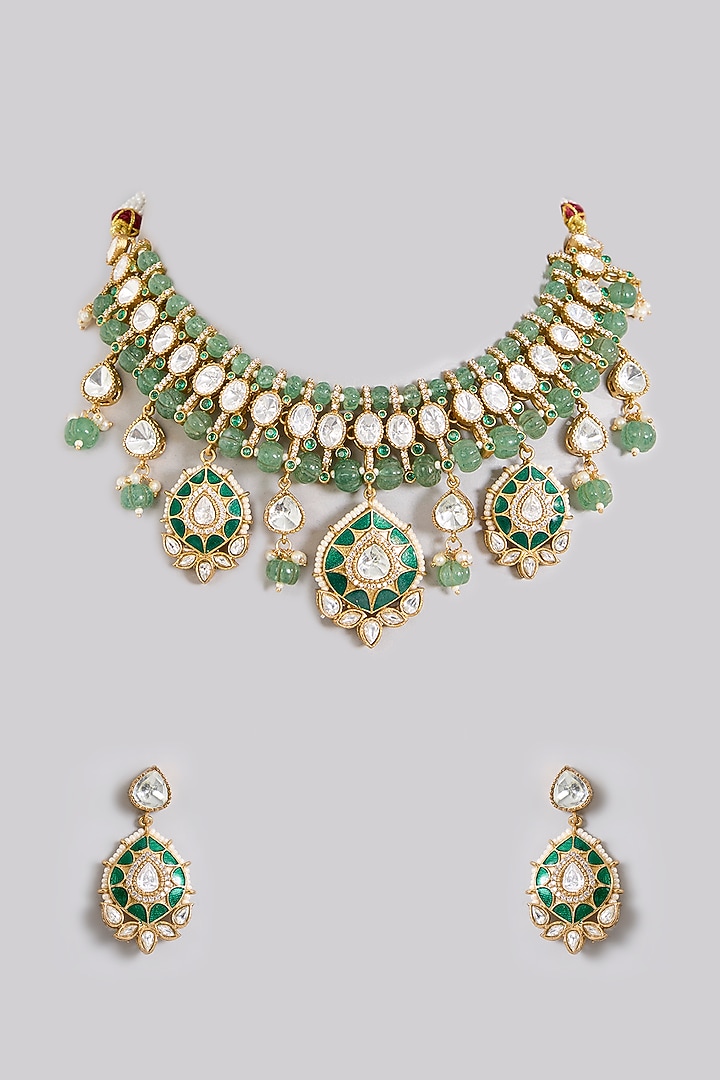 Gold Finish Kundan Polki & Green Gemstone Choker Necklace Set by Aura Trends at Pernia's Pop Up Shop