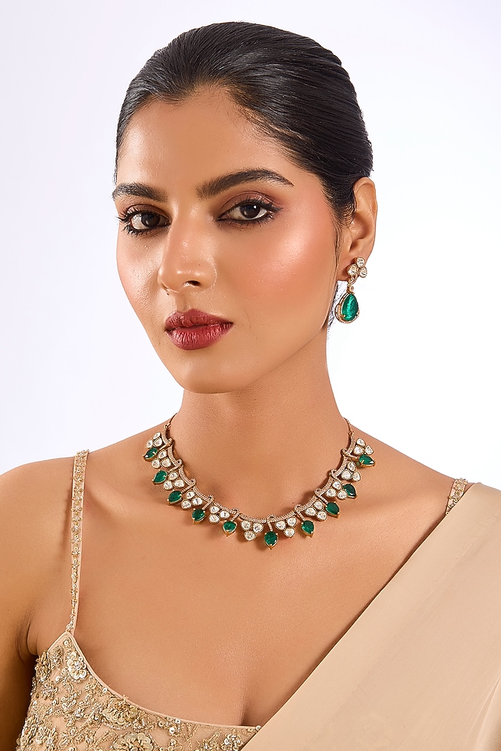 Gold Finish Kundan Polki & Green Gemstone Necklace Set by Aura Trends at Pernia's Pop Up Shop