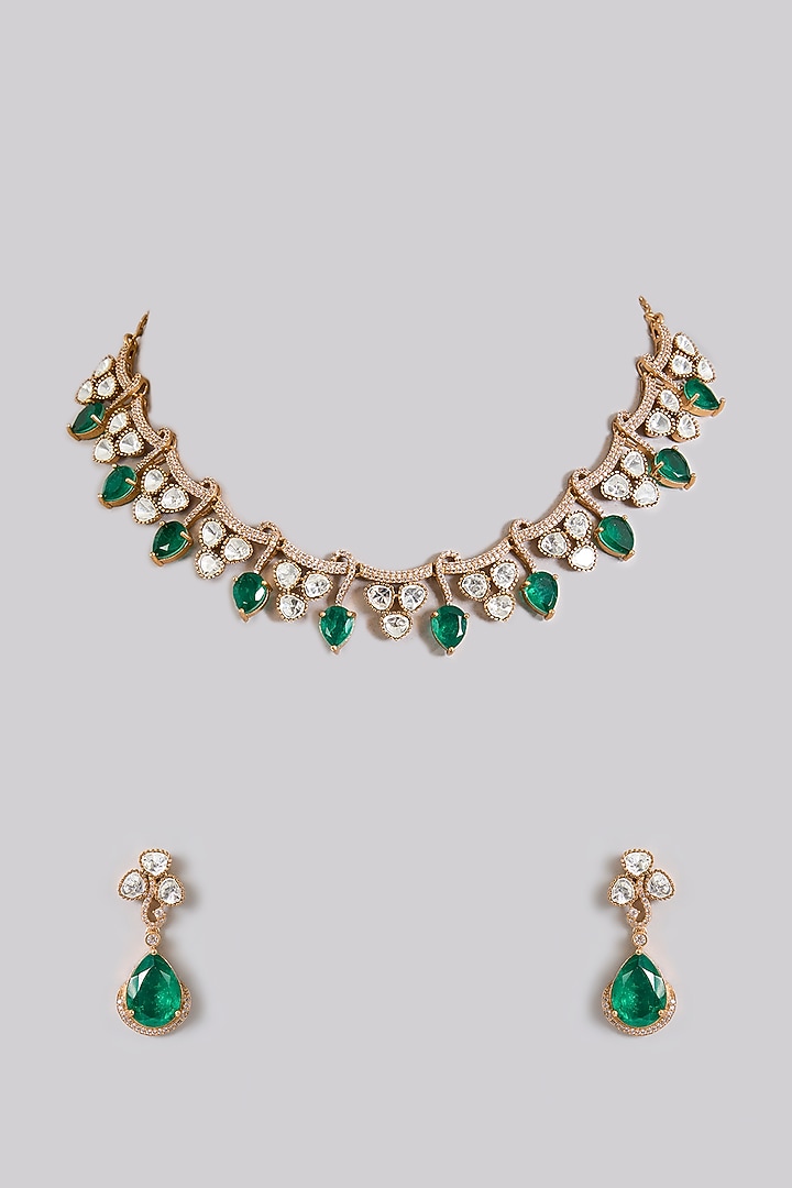 Gold Finish Kundan Polki & Green Gemstone Necklace Set by Aura Trends at Pernia's Pop Up Shop