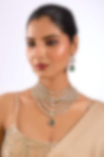 Gold Finish Kundan Polki & Emerald Drop Layered Necklace Set by Auraa Trends at Pernia's Pop Up Shop