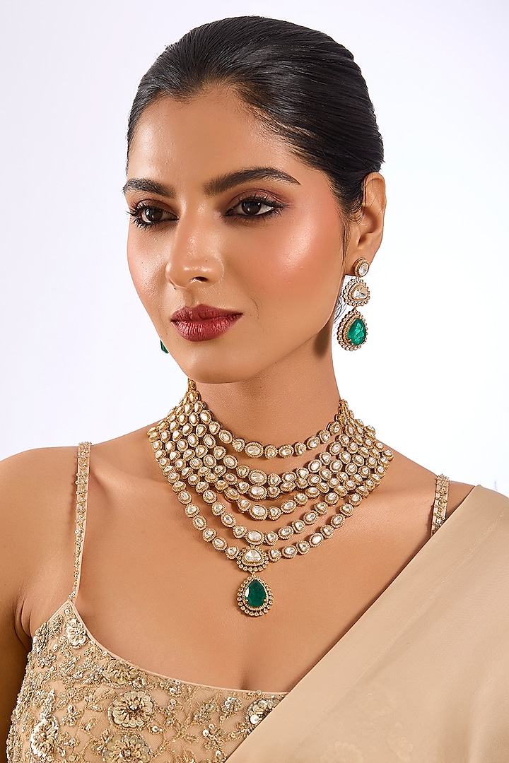 Gold Finish Kundan Polki & Emerald Drop Layered Necklace Set by Auraa Trends at Pernia's Pop Up Shop