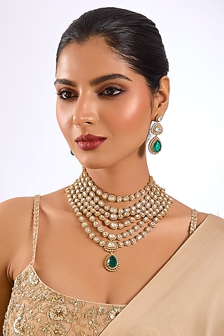 Gold Finish Kundan Polki & Emerald Drop Layered Necklace Set by Aura Trends