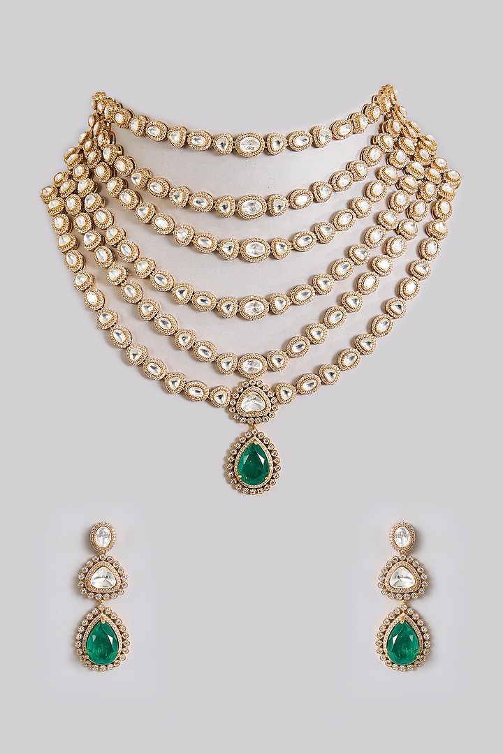 Gold Finish Kundan Polki & Emerald Drop Layered Necklace Set by Aura Trends at Pernia's Pop Up Shop