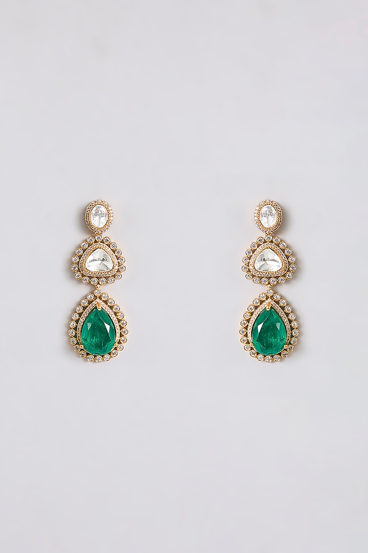 Gold Finish Kundan Polki & Emerald Drop Layered Necklace Set by Aura Trends at Pernia's Pop Up Shop