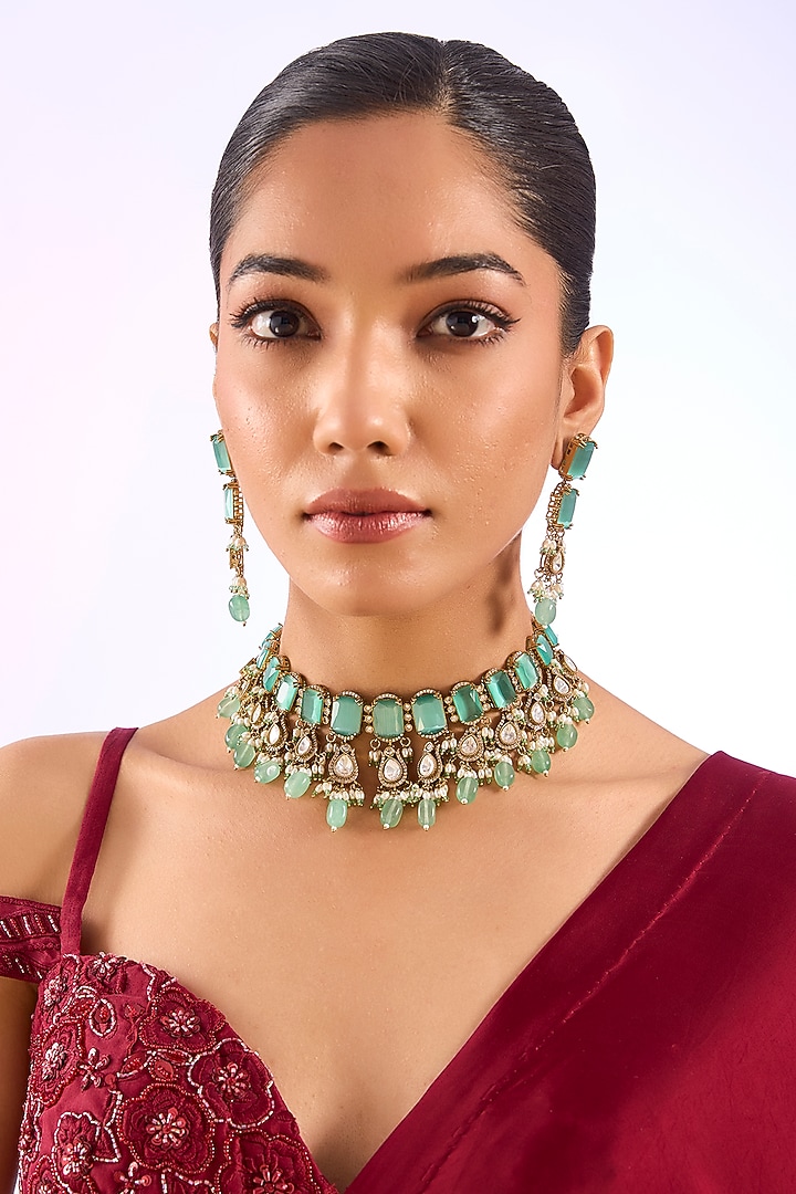 Gold Finish Emerald Green Stone & Beaded Choker Necklace Set by Aura Trends at Pernia's Pop Up Shop