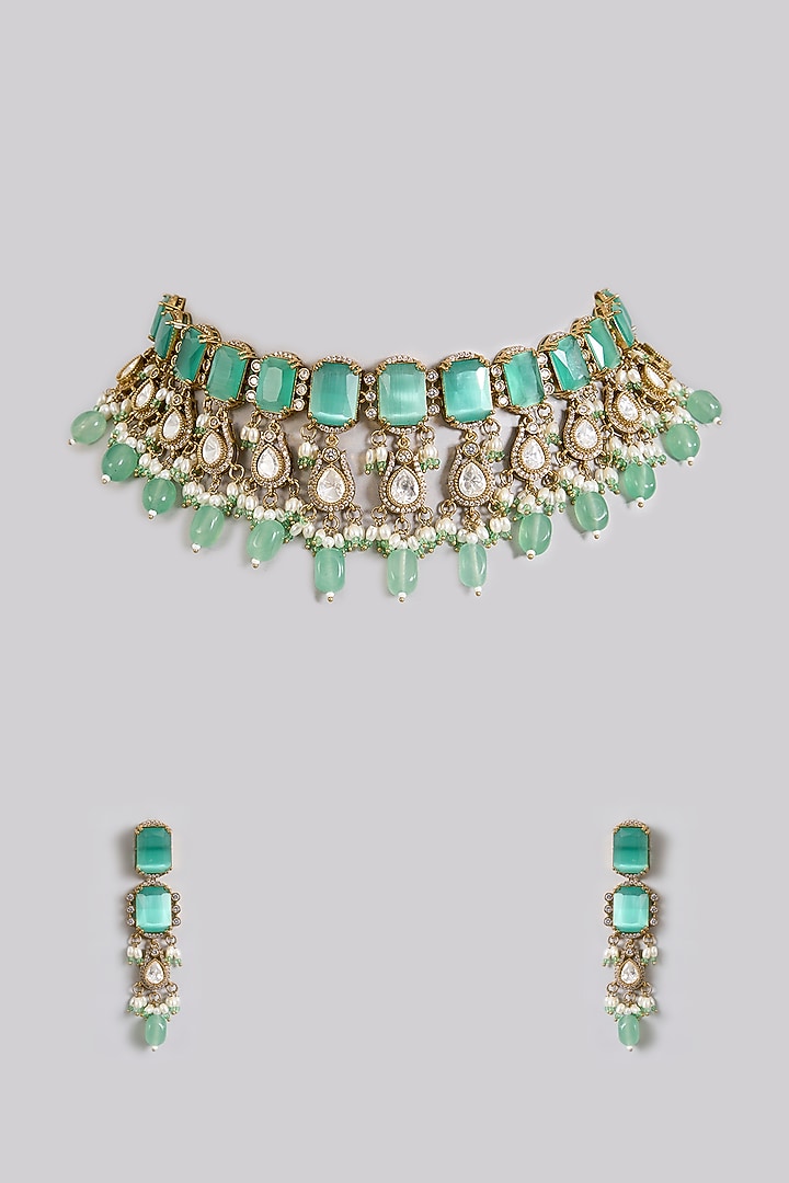 Gold Finish Emerald Green Stone & Beaded Choker Necklace Set by Aura Trends at Pernia's Pop Up Shop