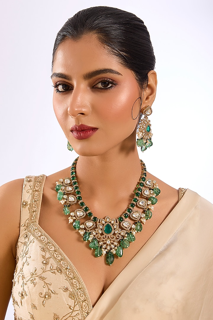Gold Finish Emerald Green Stone & Kundan Polki Necklace Set by Aura Trends at Pernia's Pop Up Shop