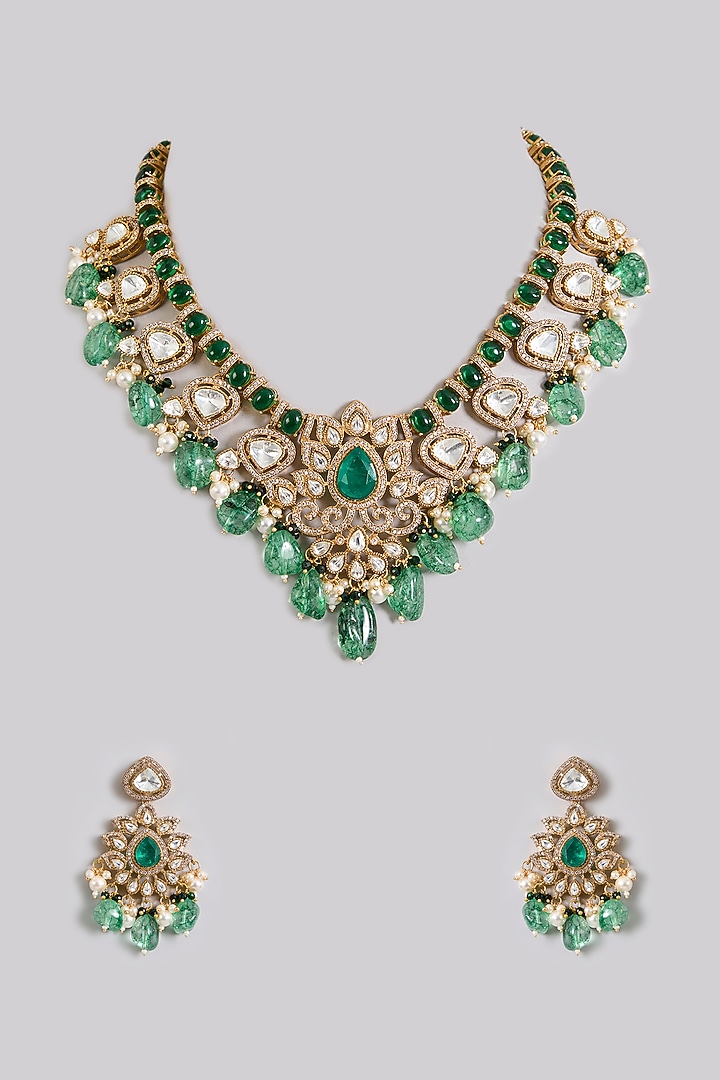 Gold Finish Emerald Green Stone & Kundan Polki Necklace Set by Aura Trends at Pernia's Pop Up Shop
