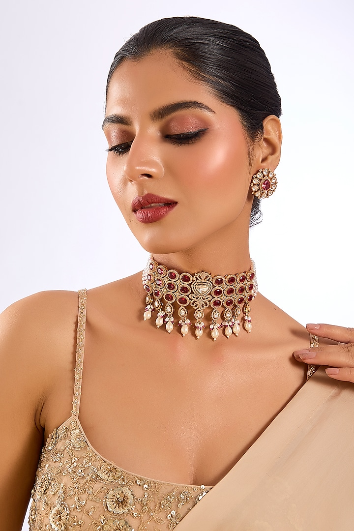 Gold Finish Ruby Red Stone & Kundan Polki Choker Necklace Set by Auraa Trends at Pernia's Pop Up Shop