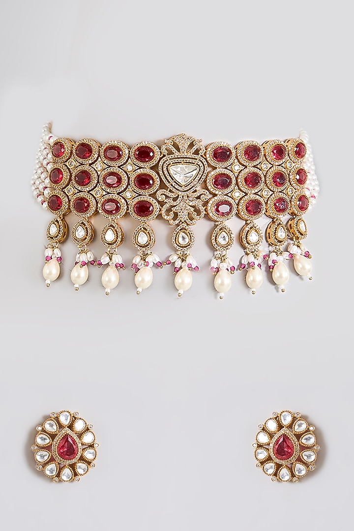 Gold Finish Ruby Red Stone & Kundan Polki Choker Necklace Set by Aura Trends at Pernia's Pop Up Shop
