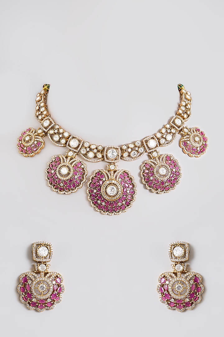 Gold Finish Pink Stone & Kundan Polki Choker Necklace Set by Aura Trends at Pernia's Pop Up Shop