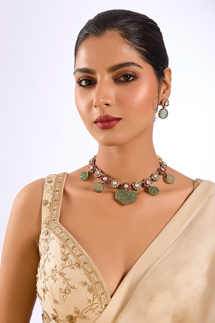 Gold Finish Green Stone & Kundan Polki Choker Necklace Set by Auraa Trends at Pernia's Pop Up Shop