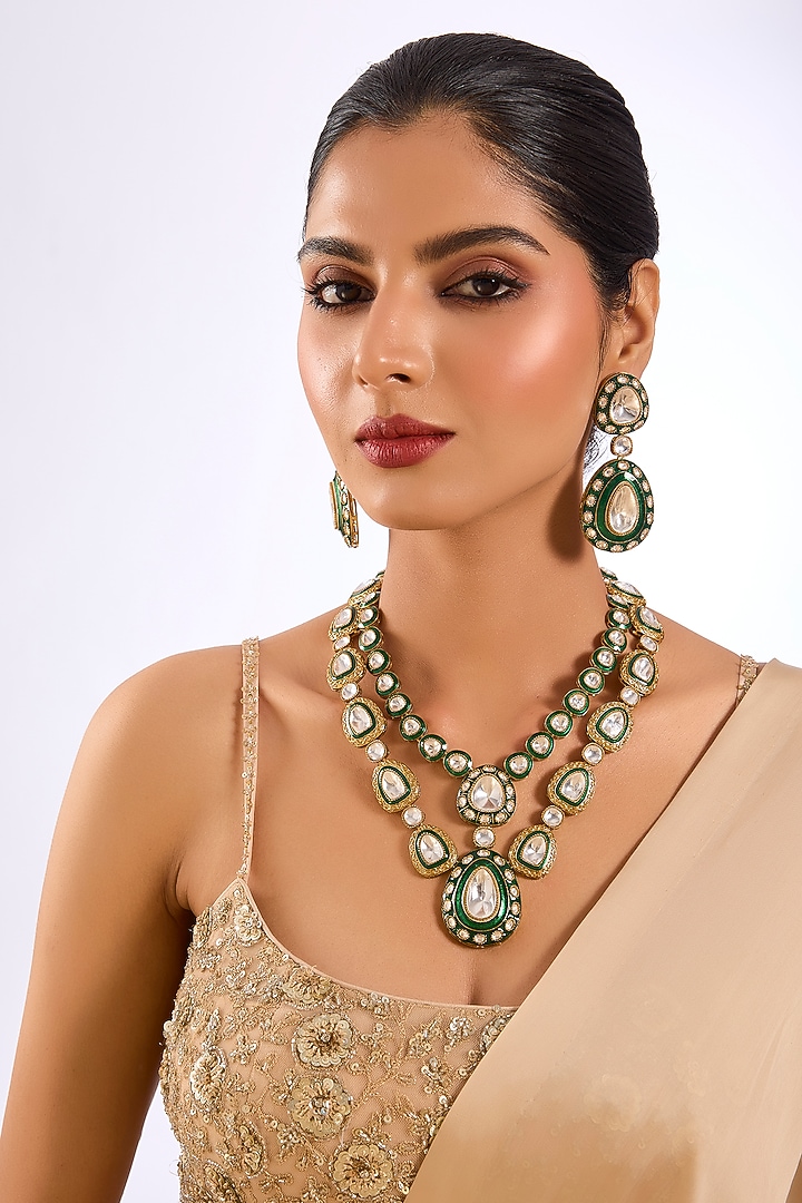 Gold Finish Kundan Stone Enameled Layered Necklace Set by Aura Trends at Pernia's Pop Up Shop