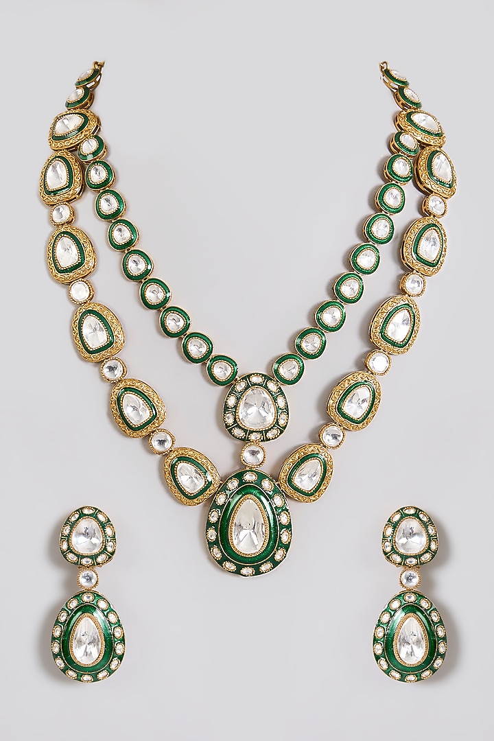Gold Finish Kundan Stone Enameled Layered Necklace Set by Aura Trends at Pernia's Pop Up Shop
