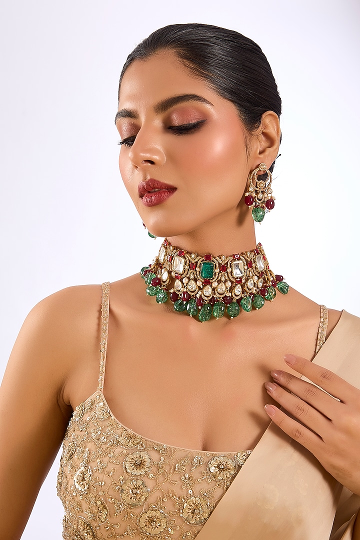 Gold Finish Kundan Stone & Green Beaded Choker Necklace Set by Aura Trends at Pernia's Pop Up Shop