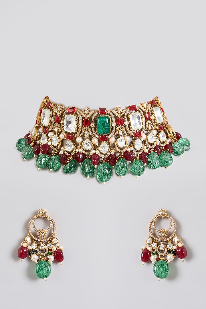 Gold Finish Kundan Stone & Green Beaded Choker Necklace Set by Aura Trends at Pernia's Pop Up Shop