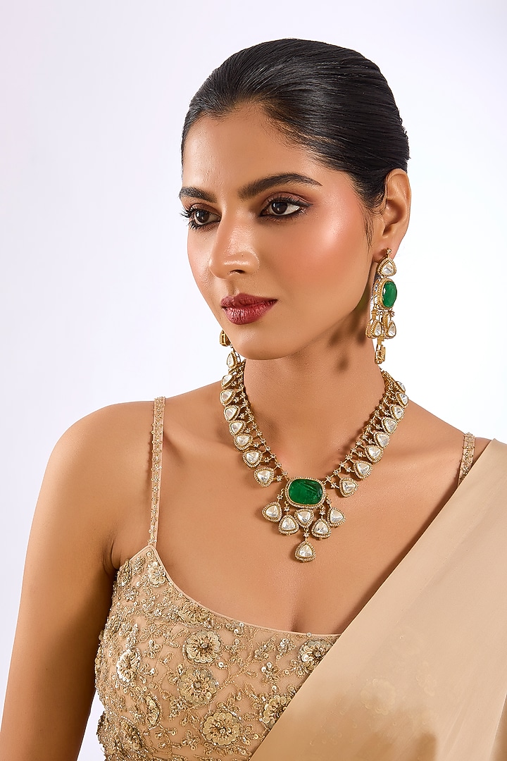 Gold Finish Kundan & Green Stone Necklace Set by Aura Trends at Pernia's Pop Up Shop