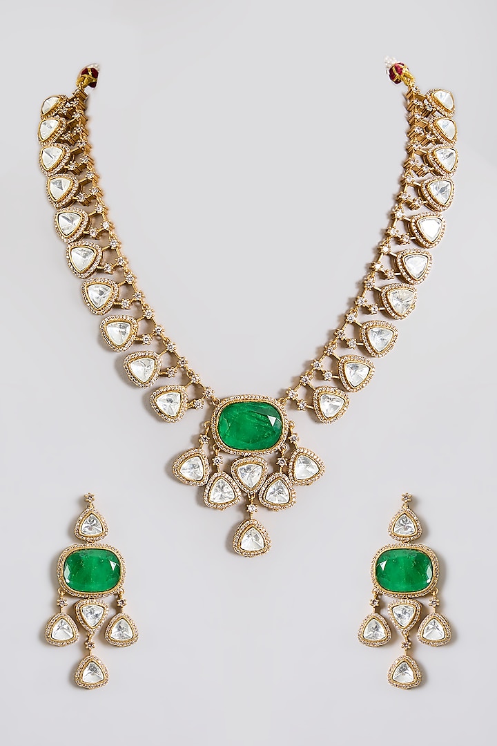 Gold Finish Kundan & Green Stone Necklace Set by Aura Trends at Pernia's Pop Up Shop