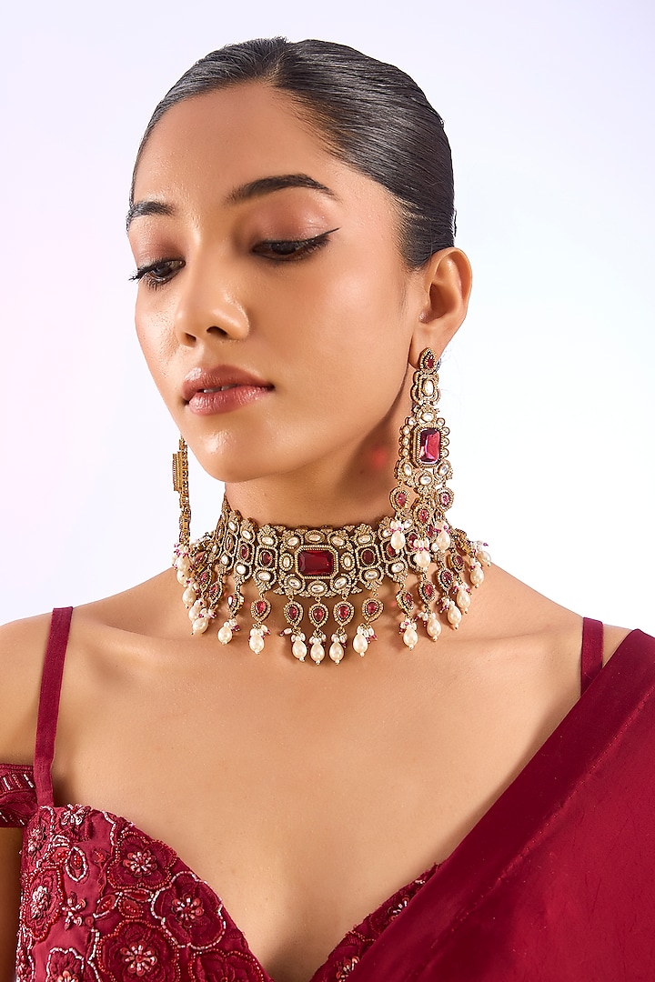 Gold Finish Kundan Polki & Ruby Red Stone Choker Necklace Set by Auraa Trends at Pernia's Pop Up Shop