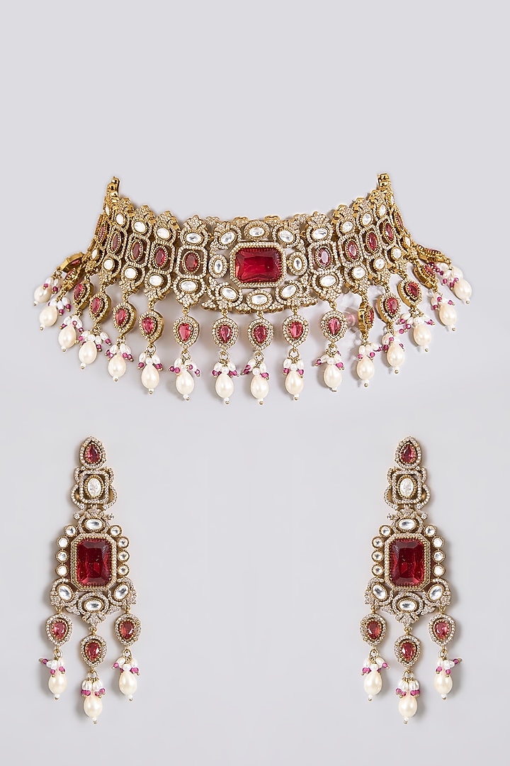 Gold Finish Kundan Polki & Ruby Red Stone Choker Necklace Set by Aura Trends at Pernia's Pop Up Shop