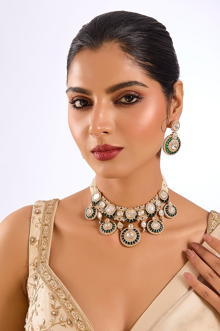 Gold Finish Kundan Stone Green Enameled Choker Necklace Set by Aura Trends at Pernia's Pop Up Shop