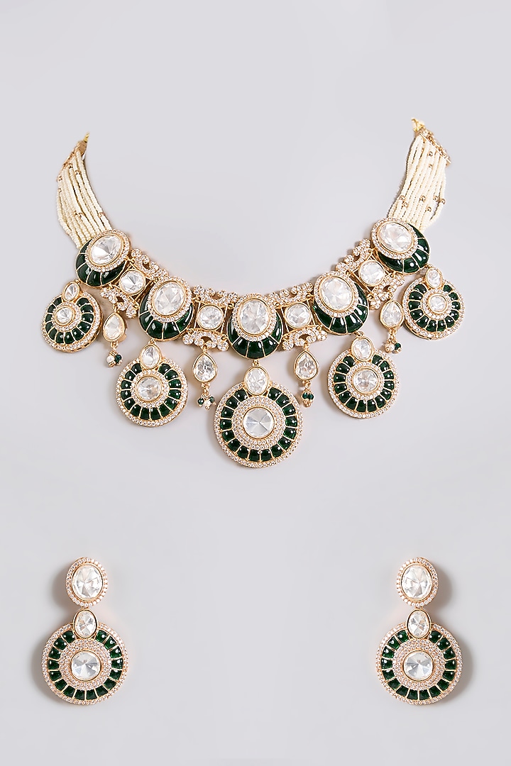 Gold Finish Kundan Stone Green Enameled Choker Necklace Set by Aura Trends at Pernia's Pop Up Shop