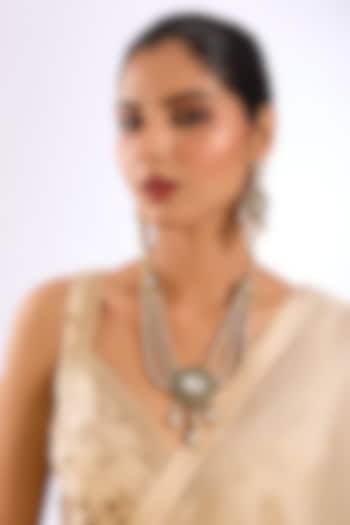 Gold Finish Kundan Stone Green Enameled Long Layered Necklace Set by Auraa Trends at Pernia's Pop Up Shop