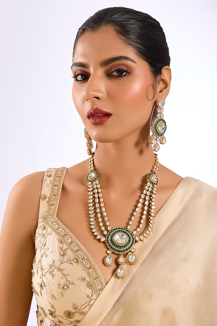 Gold Finish Kundan Stone Green Enameled Long Layered Necklace Set by Auraa Trends at Pernia's Pop Up Shop